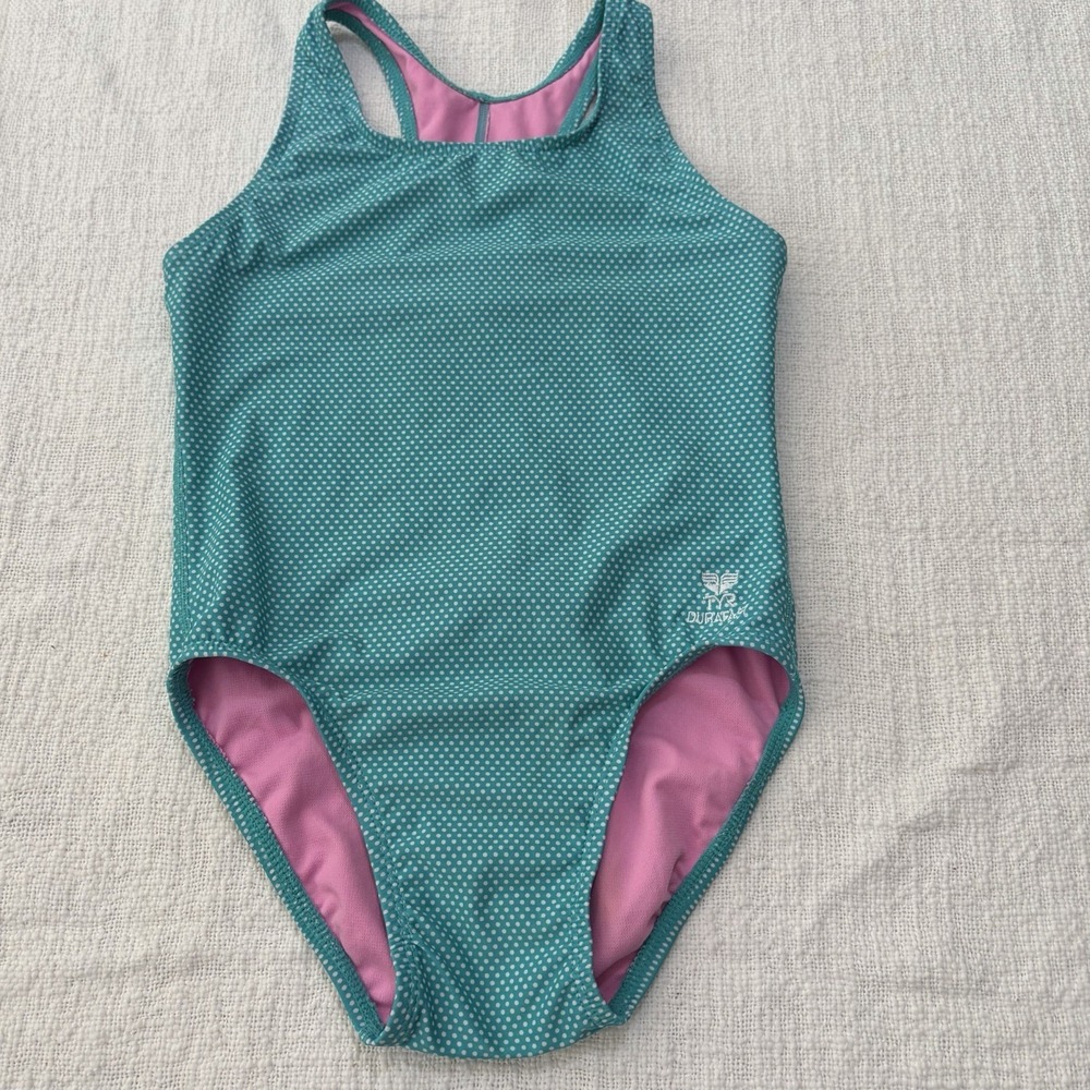 TYR DuraFast Lite Youth Plaid Maxfit 1pc Swimsuit Teal Gingham Girls Size 14